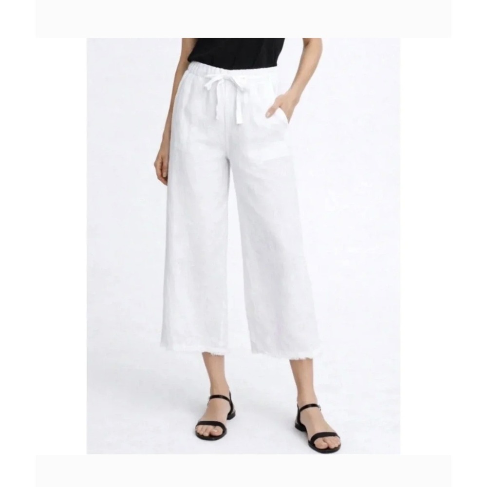 Cloth & Stone Womens Linen Wide Leg Paperbag Waist Crop Pants Sz M White Resort